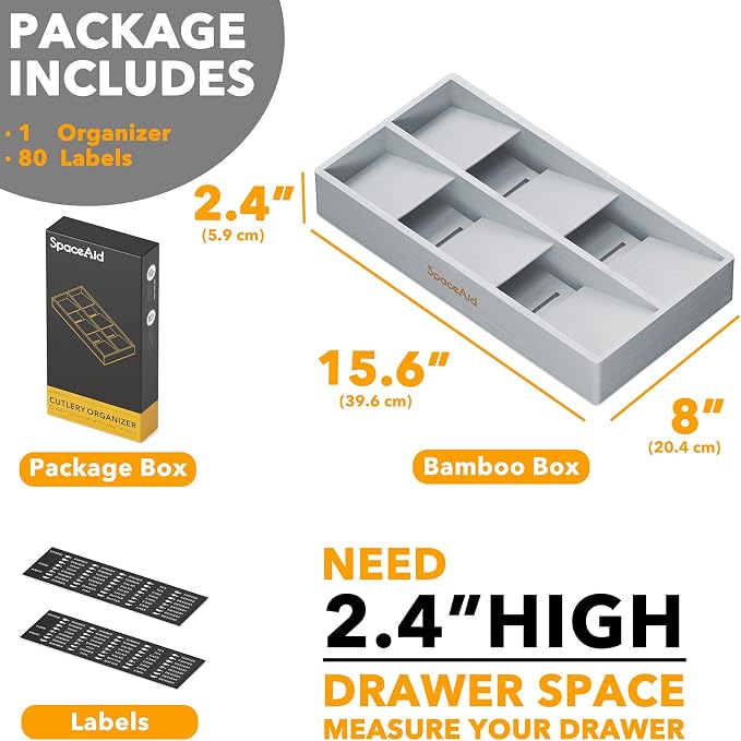 SpaceAid Bamboo Silverware Drawer Organizer with Labels, Kitchen Utensil Tray Holder Organizer for Flatware, Cutlery, Spoon and Knives Drawer Storage Organization (Gray, 6 Slots) - Image 4