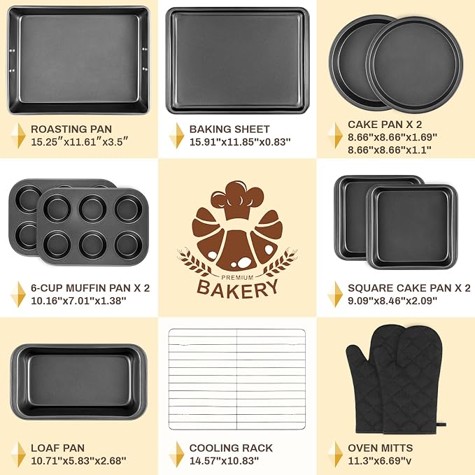 12PCS Nonstick Bakeware Set, Non-Toxic Carbon Steel Baking Pans Set with Wider Grip, Includes Roasting Pan, Cookie Sheet, Cake Pans, Muffin Pans, Cooling Rack, Oven Mitts, Easy Release - Image 3