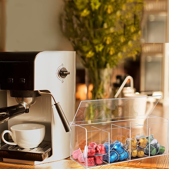 Coffee Pod Holder, Organizer for K Cup, Storage for Coffee Station Counter, Compatible with Nespresso Capsule& Keurig Pods, Coffee Bar Accessories, Acrylic 4 Compartment with Lid - Clear - Image 2