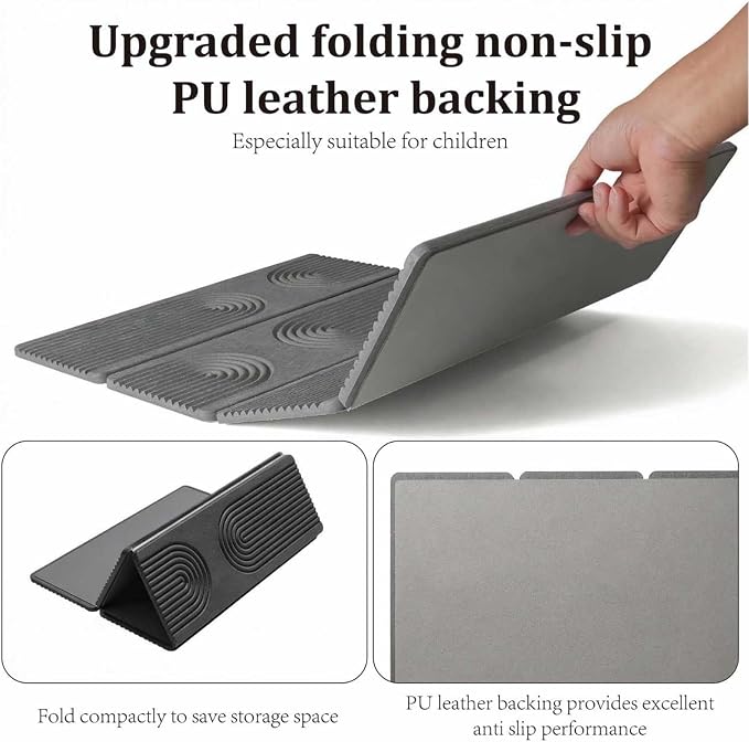 Stone Drying Mat for Kitchen Counter,Foldable(Gray (4-fold), 24" × 16") | Large Quick-Dry Diatomaceous Earth Dish Drying Mat with PU Non-Slip Base,for Bottles Cups Dishes - Image 4