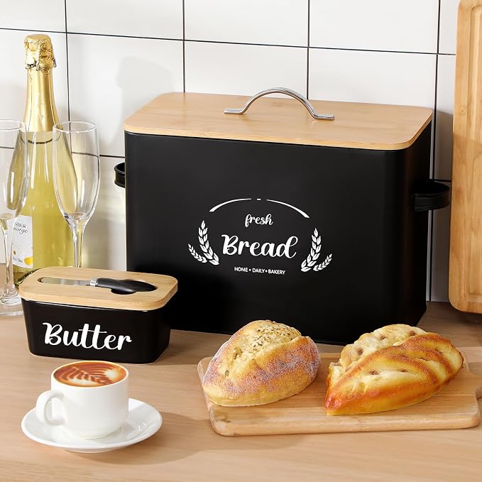 Qinyoung 2 Pcs Large Bread Box Set for Kitchen Countertop with Ceramic Butter Dish Holder Bamboo Lid Knife Metal Bread Holder Farmhouse Kitchen Storage Container for Home Housewarming Gift(Black) - Image 5