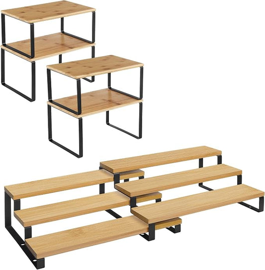 SONGMICS 4 Bamboo Shelf Organizers and 2 Spice Racks Bundle, 2 Sets of Cabinet Organizers, for Kitchen Organization, Natural and Black UKCS10NB and UKCS016N01 by Unknown