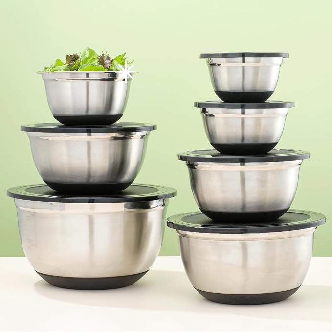 JoyJolt Stainless Steel Mixing Bowls with Airtight Lids, 7 Piece Nesting Bowls Set for Kitchen with Measurement Marks, Non-Slip Bottoms, Cooking, Baking, Prepping, Storage, 7/5/4/3/1.5/1/.75QT, Black - Image 8
