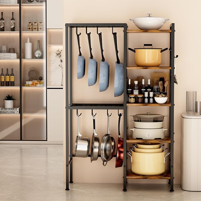 5-Tier Pot and Pan Organizer Rack with Hooks, Heavy-Duty Kitchen Storage Shelf for Cookware, Dishes, and Utensils, Freestanding Metal Pot Rack Organizer for Kitchen, Pantry, or Dining Room - Image 8
