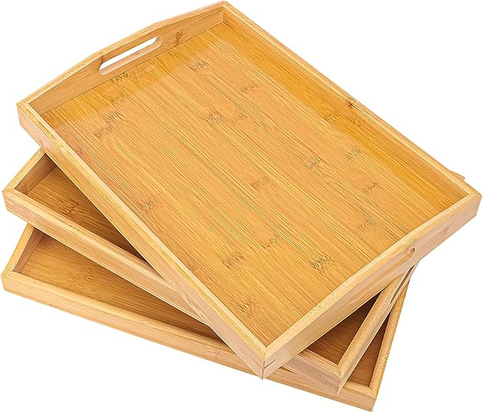3 Pack Bamboo Serving Tray, 16x 11.6 Inch Wooden Serving Trays with Handles, Bamboo Trays for Serving Food, Perfect for Dinner, Tea, Bar, Breakfast, and Food for Parties, Bed, & Kitchen by Geytetqi