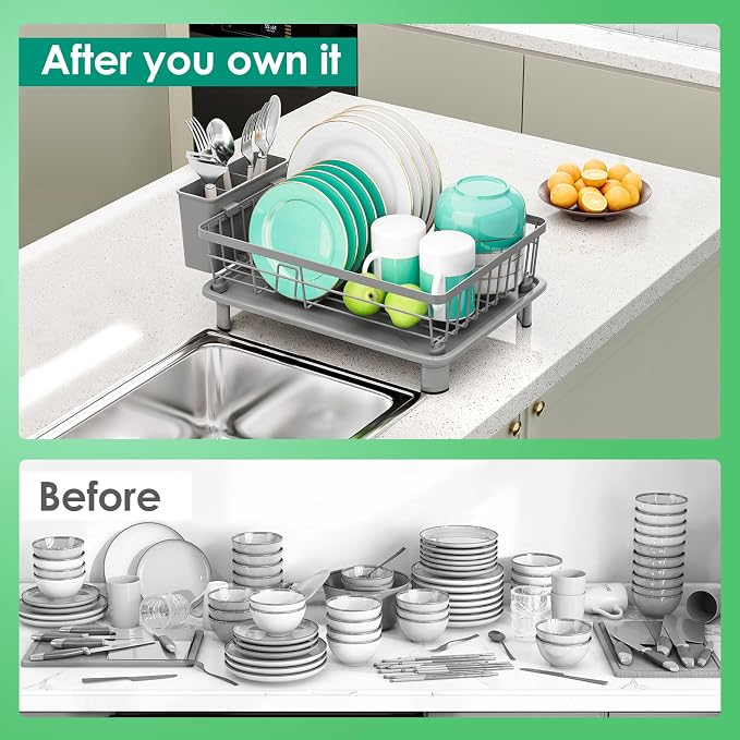 Dish Drying Rack, Stainless Steel-Dish Rack, (gray-11 W x 15" L) | Dish Racks for Kitchen Counter, Kitchen Dish Drainers with Removable Utensil Holder,New drain outlet, - Image 5