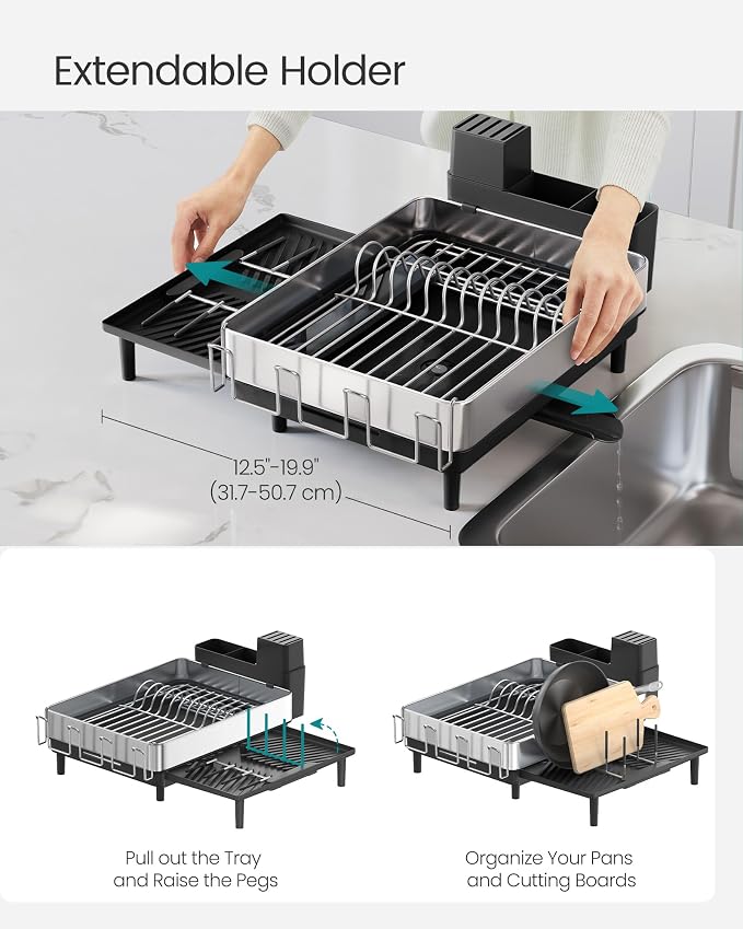 SONGMICS Large Dish Drying Rack, Expandable Dish Dryer for Kitchen Counter, Stainless Steel Dish Rack with Rotatable Spout, Utensil, Cup, Glass, Cutting Board, Pan Holders, Silver and Black UKCS037B01 - Image 5