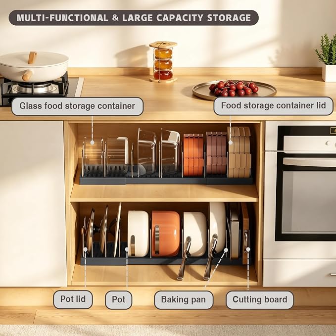 Magheo 2 Pack Pots and Pans Organizer Under Cabinet, Expandable 12.6"-22.8" Kitchen Cabinet Organizer Holder with 10 Adjustable Dividers for Food Storage Container Lid, Cookie Sheet, Cookware(Black) - Image 3