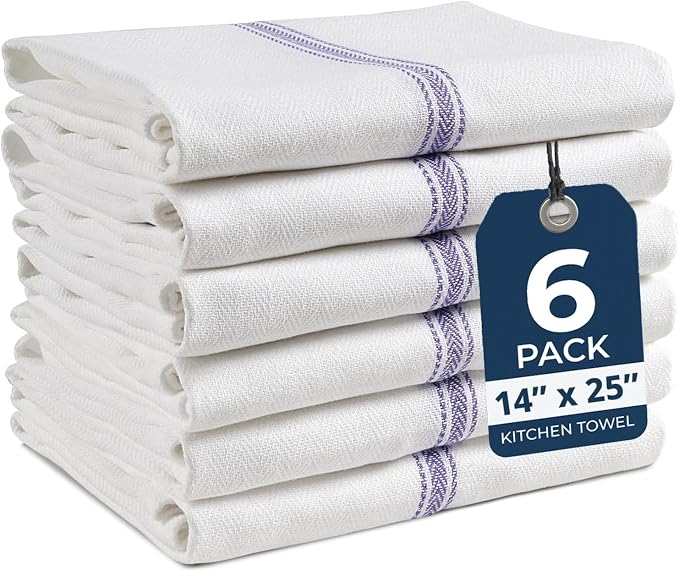 LANE LINEN Kitchen Towels, 6 Pack 14"x25" Dish Drying Towels, 100% Cotton Tea Towel with Hanging Loop, Reusable Napkin, Durable After Multiple Washes, Soft & Absorbent - Blue Stripe by LaneLinen
