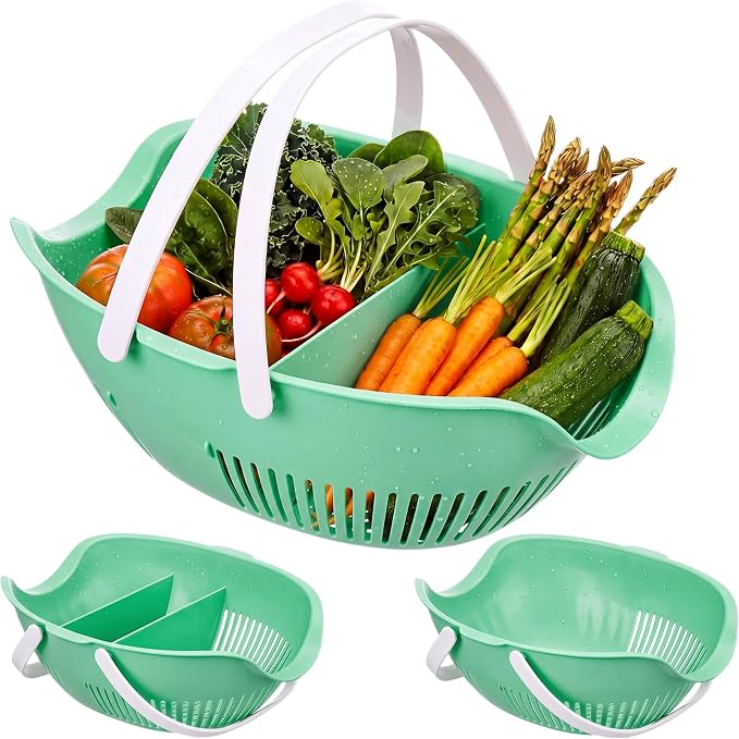 Nuogo 3 Pcs Garden Harvest Basket Removable Partitions with Tool Caddy for Collecting Carrying and Cleaning Harvesting Basket Doubles Colander for Vegetables and Fruits Garden Accessories (Sage Green) by Nuogo