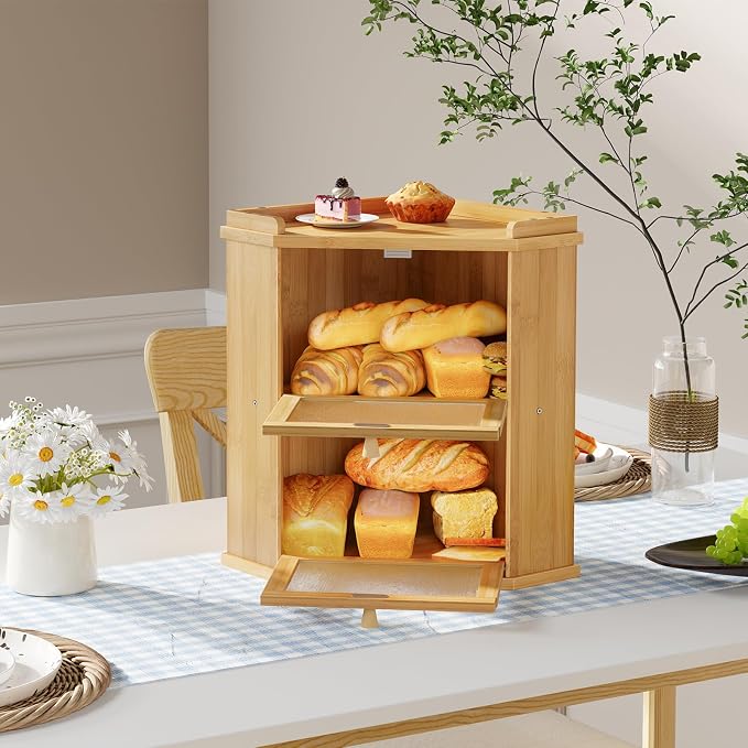 HOOBRO Bread Box, Corner Bread Box for Kitchen Countertop, 2-Tier Bamboo Bread Box, Food Storage Box, Bread Storage Container with Shelf, Bread Bin for Kitchen, Dining Room, Natural YL19MB01 - Image 4