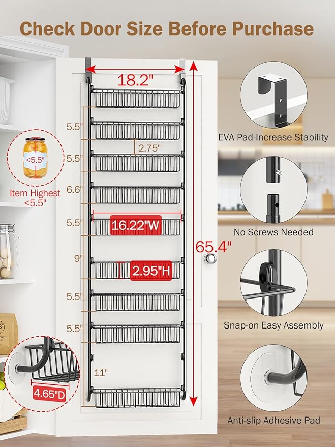 Delamu Over The Door Pantry Organizer, 9-Tier Pantry Door Organizers and Storage with Adjustable Basket, Metal Hanging Spice Rack, Seasoning Organizer, Door Organizer for Home Kitchen Bathroom, Black - Image 2