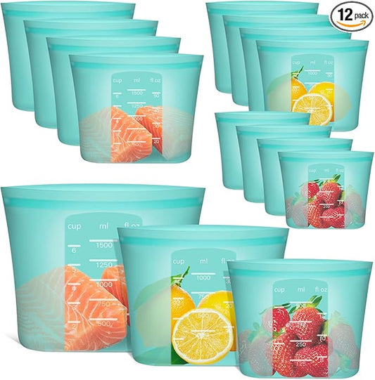 Reusable Food Bags, 12 Pack 100% Silicone Food Storage Bags Stand Up Zip Lock Container, Freezer Microwave Oven Dishwasher Safe, 4 Medium 4 Small 4 Extra Small, Aqua by Annaklin