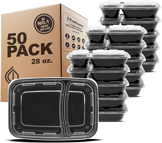 Freshware Meal Prep Containers with Lids 28 oz [50 Pack] 2-Compartment Food Storage Containers, Bento Box Lunch Containers, BPA Free, Airtight, Stackable, Reusable, Microwave/Dishwasher/Freezer Safe by Freshware