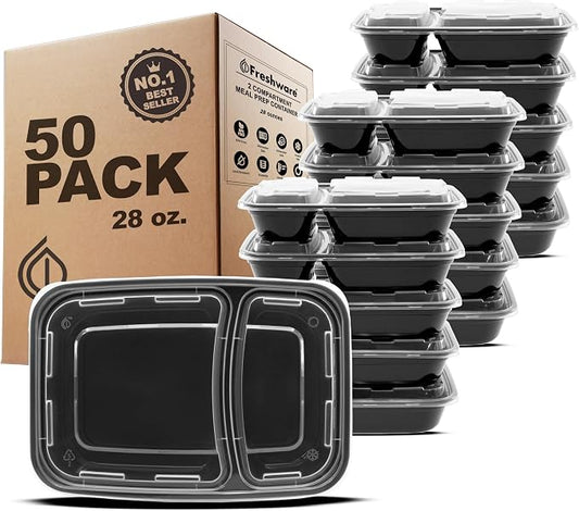 Freshware Meal Prep Containers with Lids 28 oz [50 Pack] 2-Compartment Food Storage Containers, Bento Box Lunch Containers, BPA Free, Airtight, Stackable, Reusable, Microwave/Dishwasher/Freezer Safe by Freshware