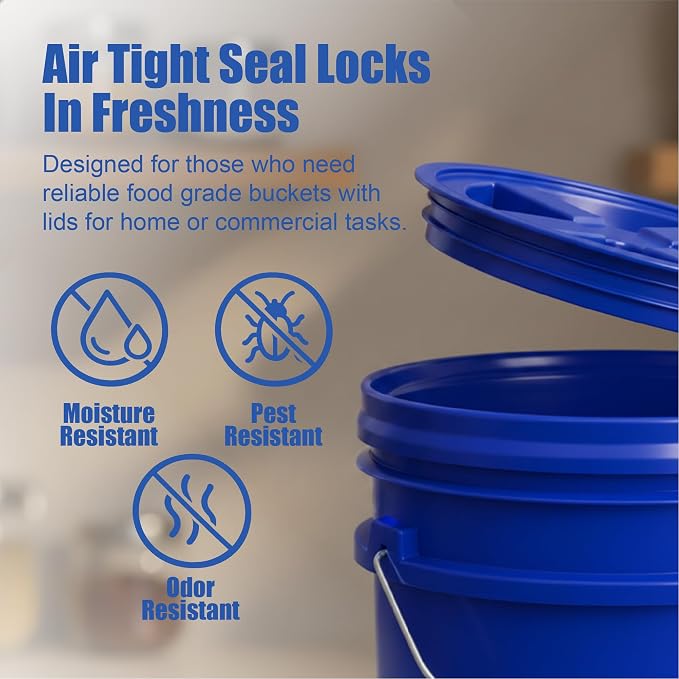 5 Gallon Bucket - Food Grade w/Lid BPA-Free, Blue/Blue, 1 | Airtight Gamma Seal Screw-On Lid, Heavy-Duty 90 Mil HDPE Plastic, Food Safe and Durable Container, Bulk Storage, Made in USA - Image 5