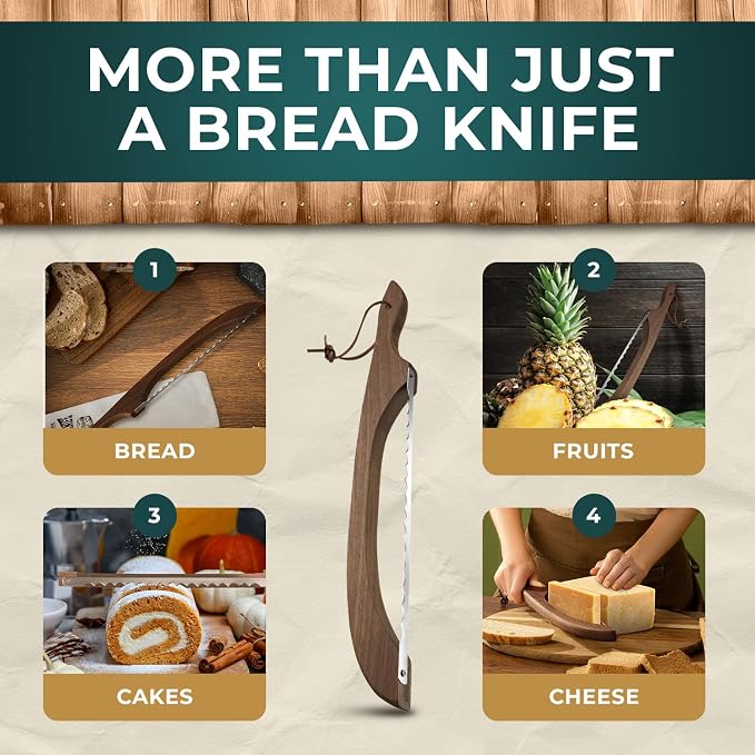 Bread Knife Package Slicer for Sourdough Bread, 16.5" Premium Wooden Bow Design, Premium Stainless Steel Serrated Saw, Cutter for cutting Loaf, Sandwich, Bagels, Homemade Bread & more - Black Walnut - Image 5