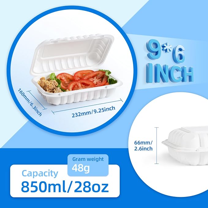 YANGRUI 150-Pack 28oz 9x6 Rectangular Hinged Container - Mineral-Filled PP | Clean Packed Ready to Use | Heavy Duty Meal Prep & Takeout Boxes | Microwave Safe for Sandwiches, Leftovers & Catering - Image 2