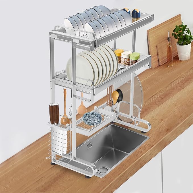 Sink Dish Drainer, 3-Tier Over Sink Dish Drying Rack, Large Capacity 304 Stainless Steel Dish Drying Rack, Expandable Over Kitchen Sink Organizer, Counter Organizer, Space Saver Dish Rack - Image 4