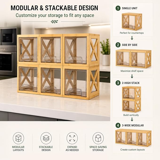Bamboo Pantry Drawer Organizer, Stackable Pull-Out Storage Bins, 2-Pack | Countertop organizer, snack storage, coffee pod holder, pantry organization, kitchen storage - Image 5