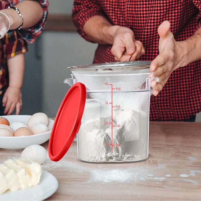 4 Pcs 4 Qt Food Storage Container Bucket with Lids Clear Proofing Containers for Dough Rise Bread with Scale Handle Round Flour Commercial Storage Bucket for Home Restaurant Food(Red) - Image 4
