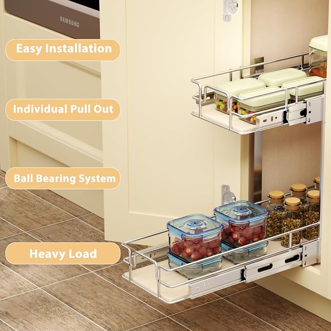 ROOMTEC 2 Tier Individual Pull Out Cabinet Organizer 7½"W x 21½"D, Slide Out Wood Shelves Organizers, Pull Out Drawers Organization and Storage for Kitchen Cabinet - Image 5