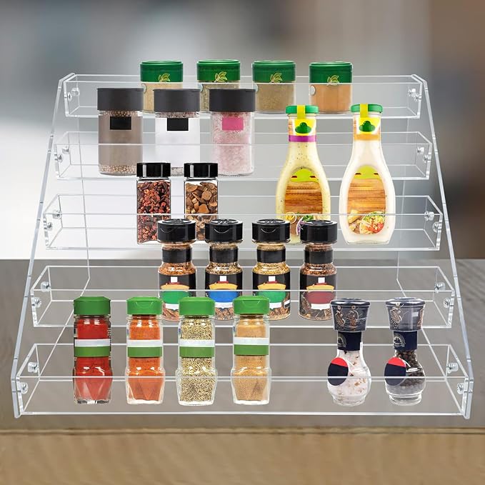 PMMASTO Tiered Spice Rack, Seasoning Organizer, Clear Acrylic Vertical Shelves Can Organizer for Countertop, Cabinet, Pantry, Kitchen Organization and Storage - 5 Tier - Image 6