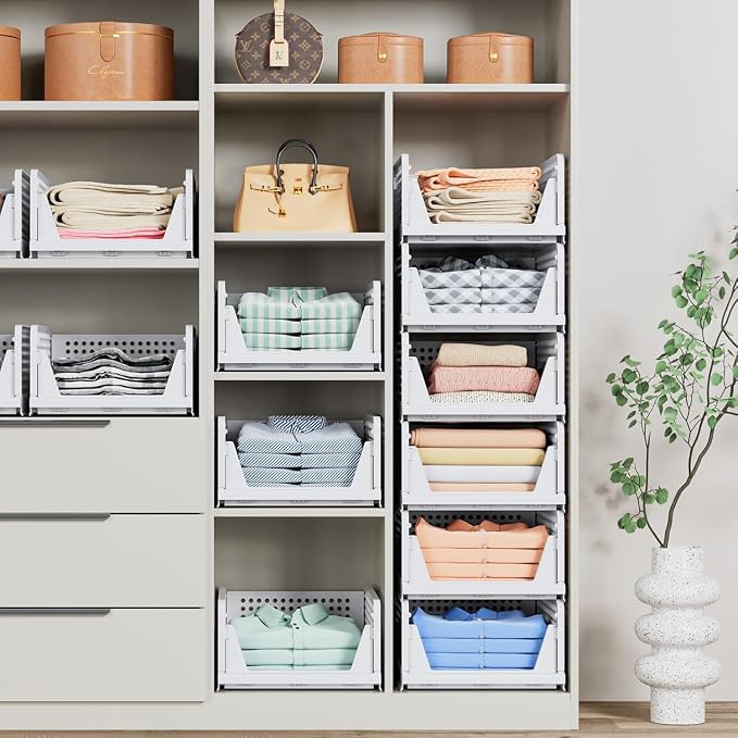 8 Pack Stackable Closet Storage Basket - Stackable Storage Bins | Multifunctional & Foldable Closet Organizer Waterproof, Wardrobe Cupboard Space-Saving Storage Drawer Organizer - Image 4