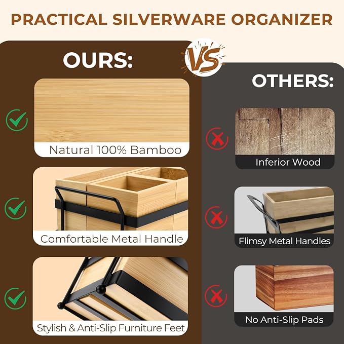 5-in-1 Bamboo Utensil Caddy and Paper Plate Organizer - Wooden Silverware Caddy with Napkin Holder and Portable Handle - Flatware Organizer for Kitchen Countertop, Camper RV, Buffet Party - Image 4