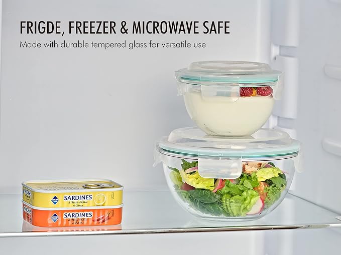 Glasslock Mixing Bowl with Latching Lids 8-Pieces Set – Airtight, Leakproof, BPA Free Lids, Nesting, Meal Prep, Baking, Salad, Food Storage & Serving Bowl, Microwave, Fridge & Freezer, Dishwasher Safe - Image 4