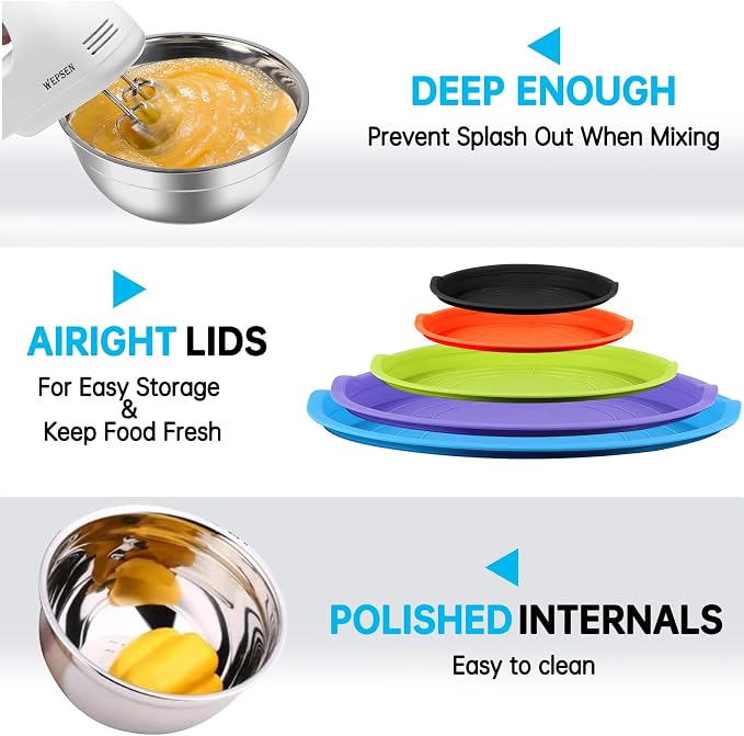 WEPSEN Mixing Bowls with Lid Set, 25PCS Kitchen Utensils Metal Bowl Stainless Steel Nesting Bowls, Measuring Cups and Spoons, Egg Whisk for Baking Prepping Cooking Serving Supplies - Image 5