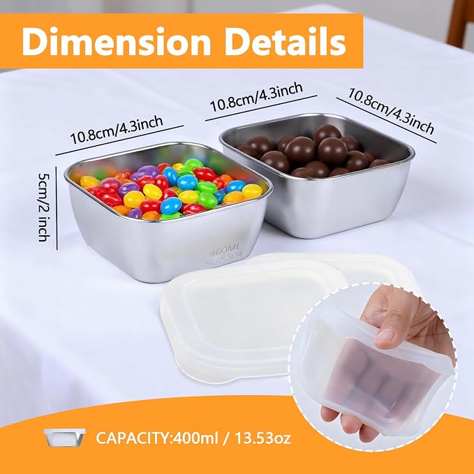 5 Pack 13.53 oz (400 ml) 304 Stainless Steel Snack Container – Leak-Proof, Grill & Oven Safe, Freezer & Dishwasher Safe, BPA-Free Silicone Lid, for Snacks, BBQ, Lunch, Camping, Baking - Image 3