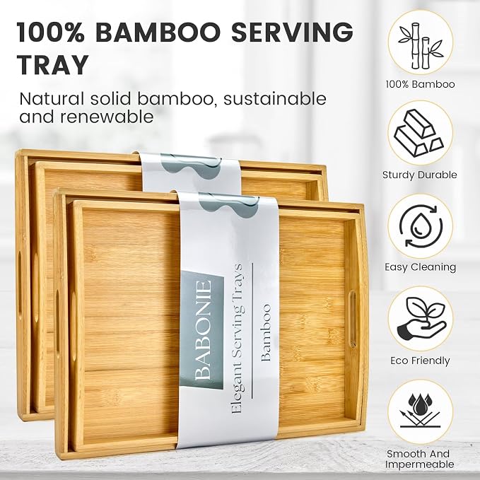 Bamboo Serving Tray Set of 4, Bamboo Trays with Handles | Decorative bamboo serving trays for serving, storage,kitchens, living rooms,bathrooms, outdoor scenarios and more - Image 5