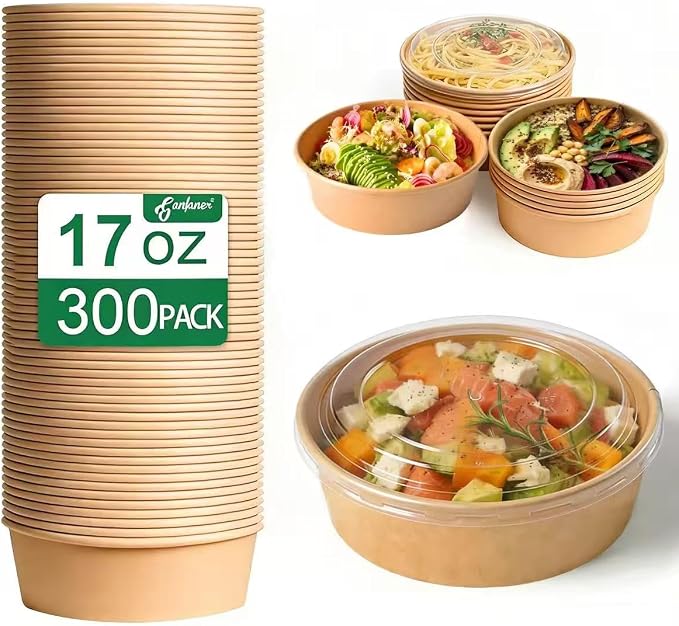 300 Pcs Disposable Round Paper Bowls with Lid 17 oz, Microwave Deli Containers Leakproof Acai Bowls, Salad Bowlwith Lid for Lunch, Disposable bowls with lids for Soup Toppings Snack Camping Family by GanfanerEcoPackHomeKitchen