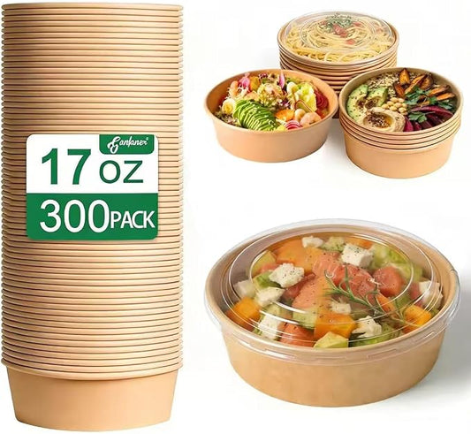 300 Pcs Disposable Round Paper Bowls with Lid 17 oz, Microwave Deli Containers Leakproof Acai Bowls, Salad Bowlwith Lid for Lunch, Disposable bowls with lids for Soup Toppings Snack Camping Family by GanfanerEcoPackHomeKitchen