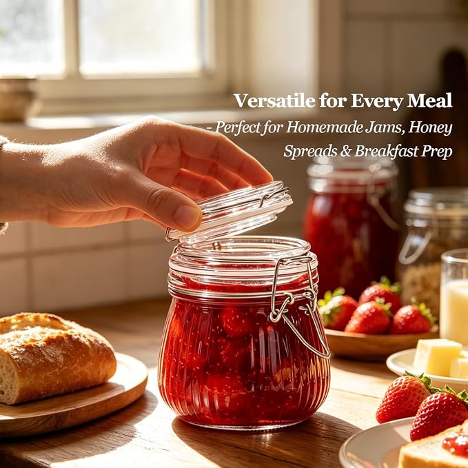 ComSaf Small Ribbed Glass Jars with Airtight Lids 17 oz 6 Pack Wide Mouth | Flour sugar coffee beans, Fermenting pickling, Farmhouse pantry decor, Jam jelly honey, Nuts snacks spices, Kitchen storage - Image 5