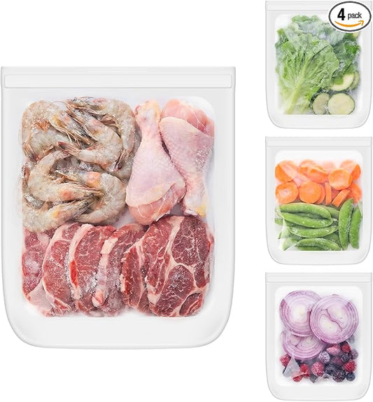 Extra Large Reusable Silicone Freezer Bags 4 Pack, 0.8 Gallon/3000ml, 100% Silicone Food Storage Wide-Open Zip-Lock Reusable Bags for Large Items, Microwave Freezer Oven Dishwasher Safe, Translucent by SiliseaDirect
