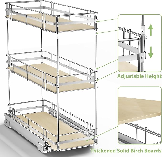 ROOMTEC 3-Tier Pull Out Cabinet Organizer Spice Rack for Narrow Cabinet 8" W x 20½" D, Slide Out Wood Shelves Storage for Kitchen - Image 5