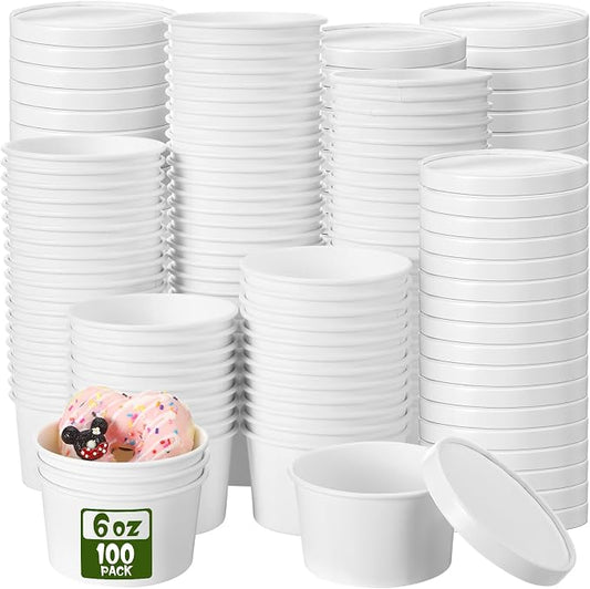 Fulmoon 100 Pack Paper Soup Containers with Lids Disposable Paper Food Containers with Vented Lid Kraft Ice Cream Cake Dessert Cups Soup Bowl for Party Hot Food Fruit Microwave(6 oz,White) by Fulmoon