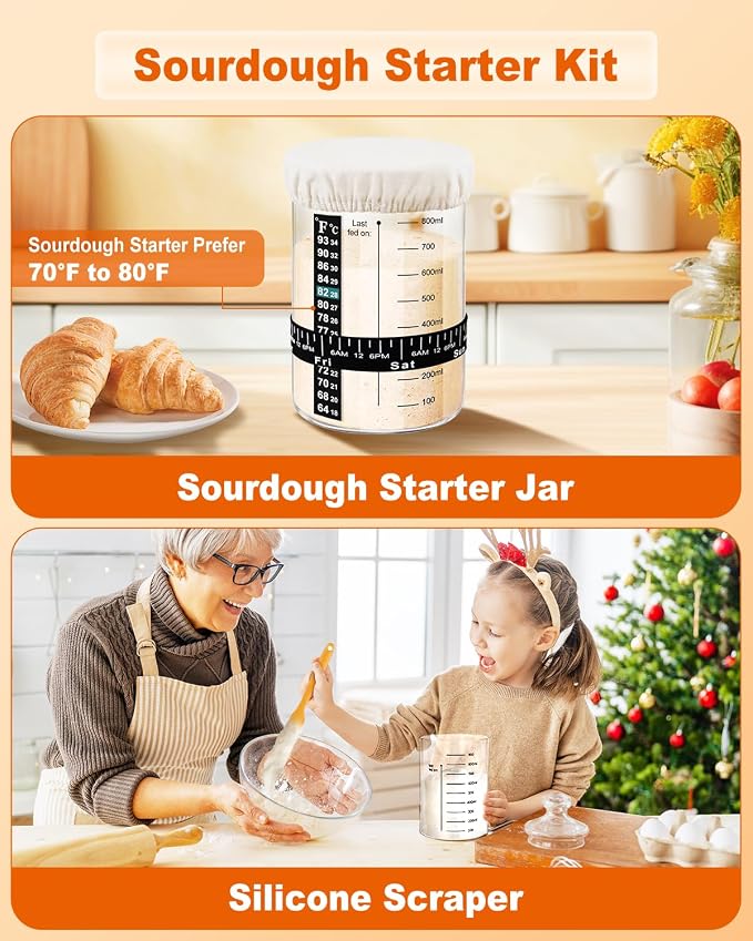 Sourdough Bread Baking Supplies Tools,10 Inch Oval & 9 Inch Round Banneton Bread Proofing Basket Set,Sourdough Starter Kit Gift for Bread Making (white with Starter Jar) - Image 2