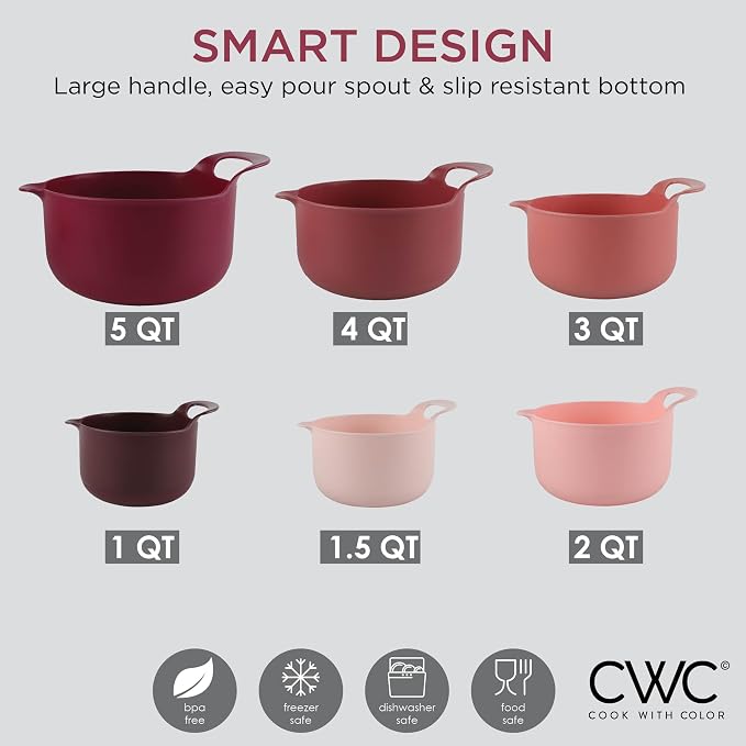 COOK WITH COLOR Nesting Plastic Mixing Bowl Set with Pour Spouts and Handles, Rose, 6 Piece Non-Slip - Image 7