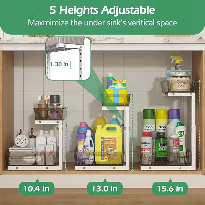 ADRIMER Under Sink Organizer 2 Packs, Pull Out Kitchen Sink Organizer, 2 Tier Slide Out Kitchen Organizers and Storage Bathroom Under Cabinet Storage Shelf, Grey & White - Image 4