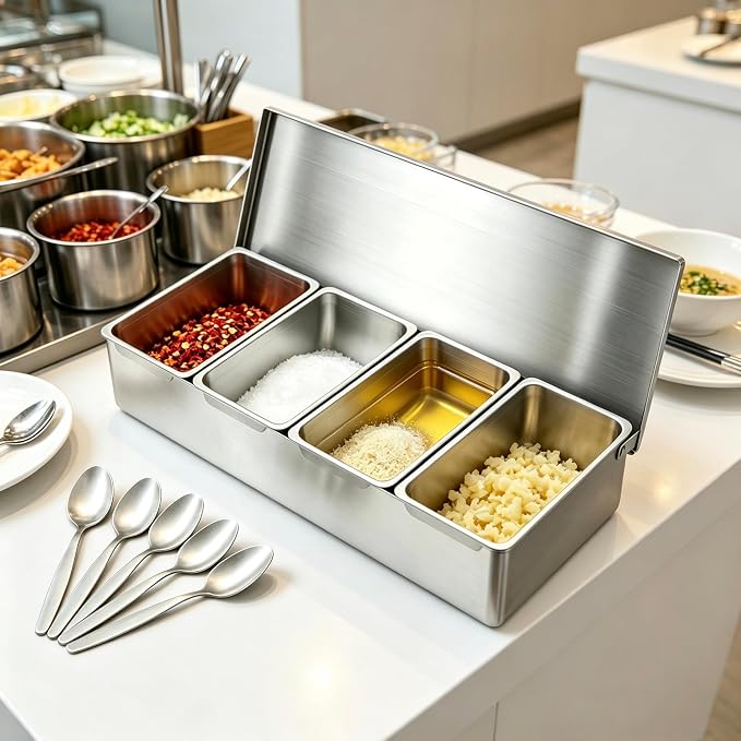 Pizza Topping Station Stainless Steel Spice Organizer Rack Condiment Caddy | Seasoning Container Removable Ingredient Holder, Pizza Oven Accessories with Lid for Grill Table Cart, Kitchen& Buffet - Image 6