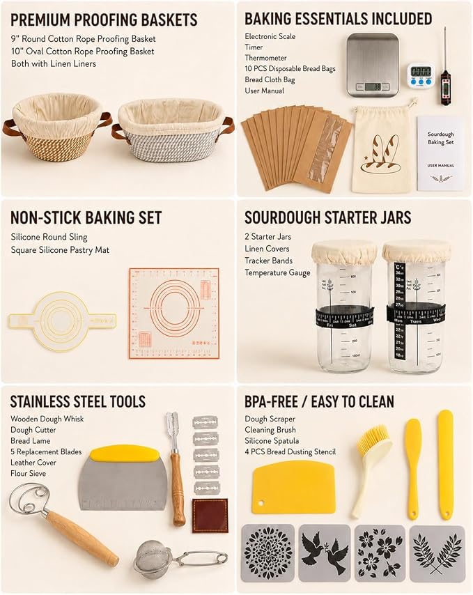 37 PCS Sourdough Starter Kit with Digital Scale, Timer, Thermometer, Bread Baking Supplies Kit, Round & Oval Banneton Proofing Basket Dough Whisk Bread Lame Complete Bread Making Tools Set - Image 2