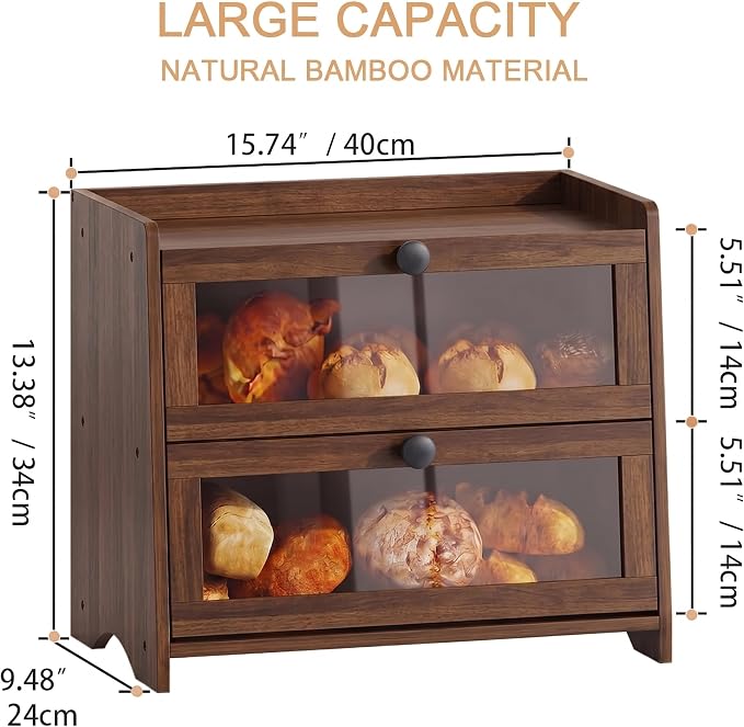 BAMBANG Bread Box for Kitchen Countertop, Extra Large Bamboo Bread Storage Container for Homemade Bread, Double Layer Sourdough Breadox, Bread Bin Organizer for Counter Cabinet Pantry, Amber - Image 3