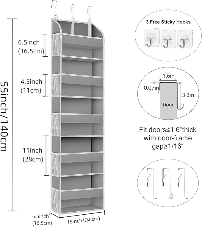TAHAVICE 2 Pack Over the Door Storage Organizer, 5 Large & 10 Mesh Pockets | Hanging Storage Organizer with 40lb Capacity and Door Storage Space Saving for Bedroom,Bathroom,Nursery,Babyroom(Light Gray) - Image 2