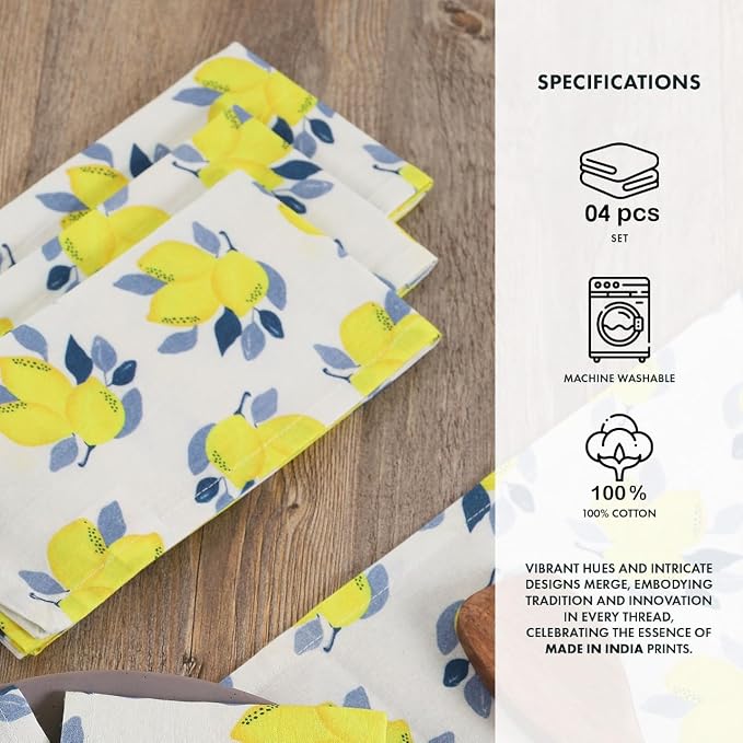 Printed Cotton Cloth Napkins Fall Dinner Napkin Set Reusable Machine Washable Fabric for Gifting, House Party Events, Home Decor, Craft - 18"x18" - Set of 4 - Lemon Print - Image 7