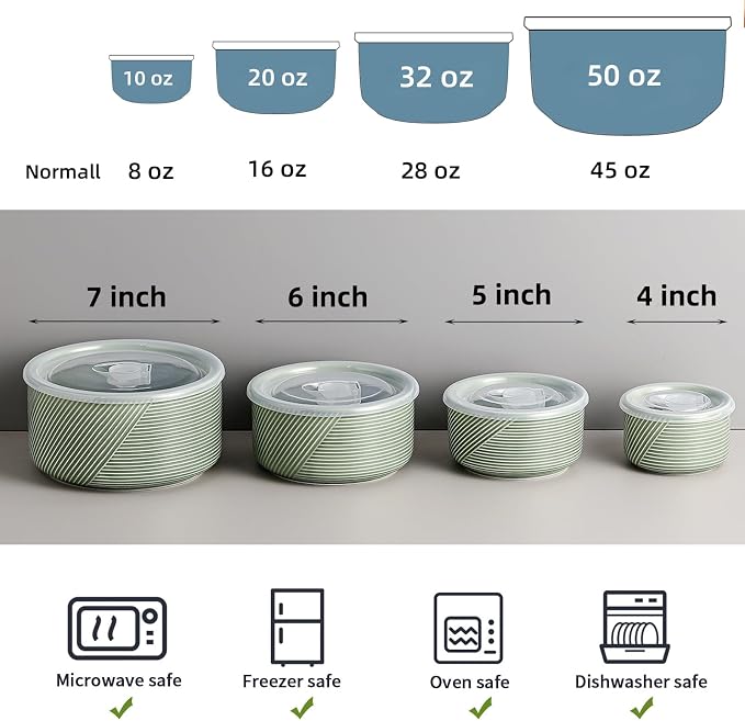 Ceramic Nesting Bowls with Lids, Set of 4, Green | 50/32/20/10 oz Mixing Bowls with Lids - Porcelain Food Storage Containers For Prep and Serving, Microwave Safe - Image 2