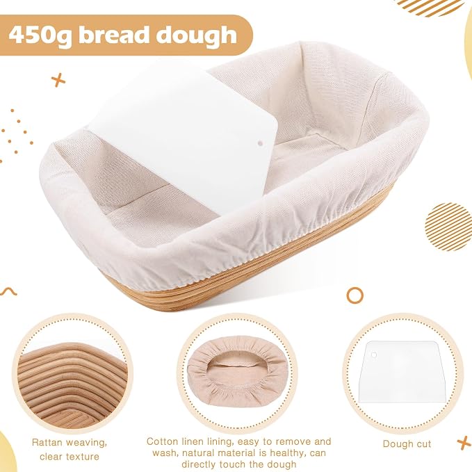 Nuogo 4 Pieces 10 Inch Bread Banneton Proofing Basket Rattan Banneton Dough Proofing Bowls with Liners and Scatters for Home Sourdough Baking (Rectangle) - Image 2