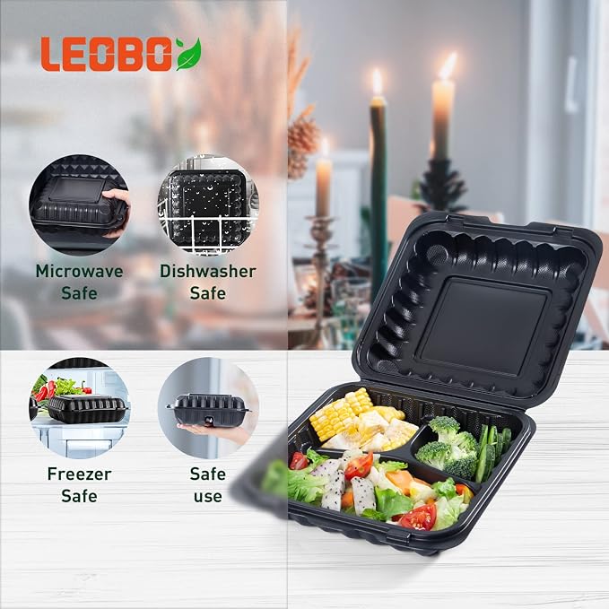 65-Pack 30oz 7.8 Inch Black Bento Box - Shrink Wrapped No Pre-Wash | 3-Compartment Reusable & Sturdy | Microwave and Freezer Safe Takeout Containers for Catering, Meal Delivery & Leftovers - Image 5
